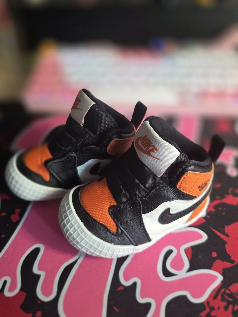 Nike Infant Jordan 1 Crib Booties High-Top Sneakers in Orange, Black & White
